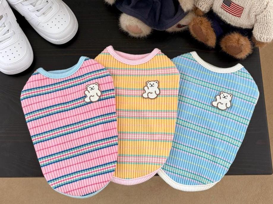 Ribbed Stripe Bear Patch Shirt, S-2XL, Small Dog Clothes, Dog Essential Tee, Dog T-shirts, Dog Top, NKPUP - NKpup
