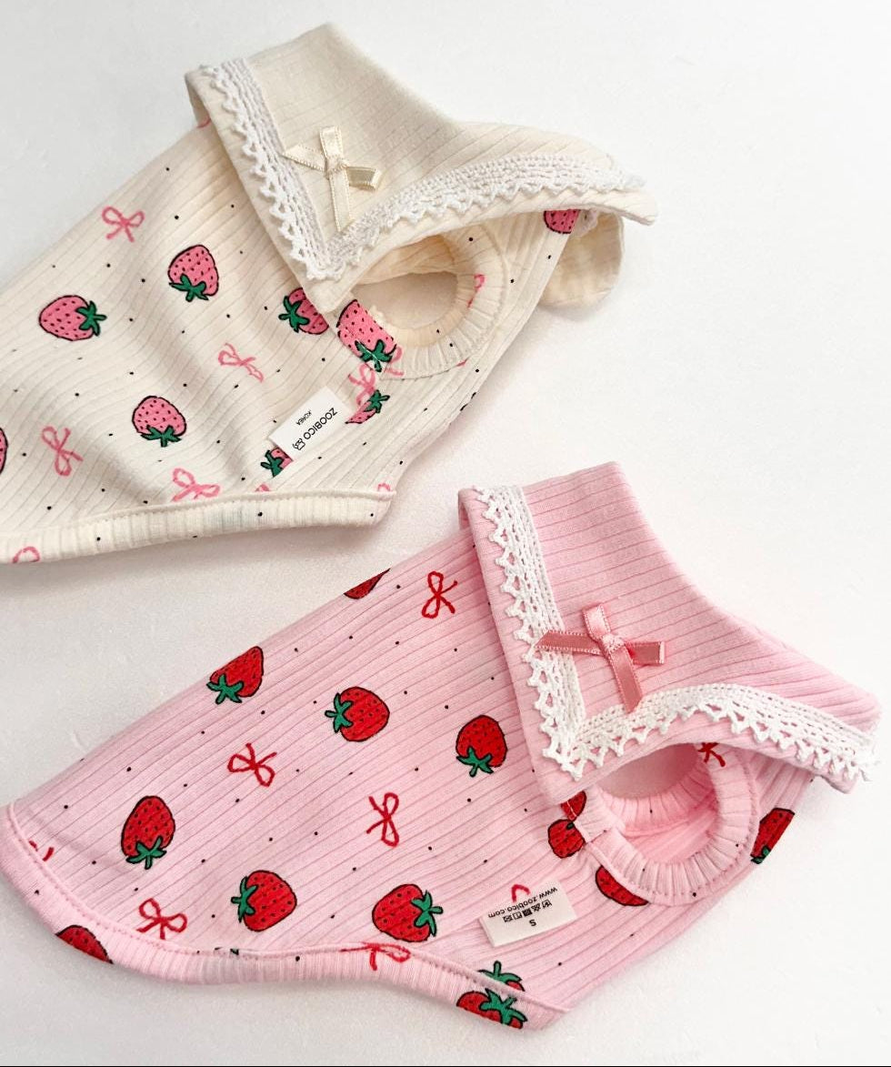 NKpup strawberry lace collar dog shirts in pink and cream with bow details