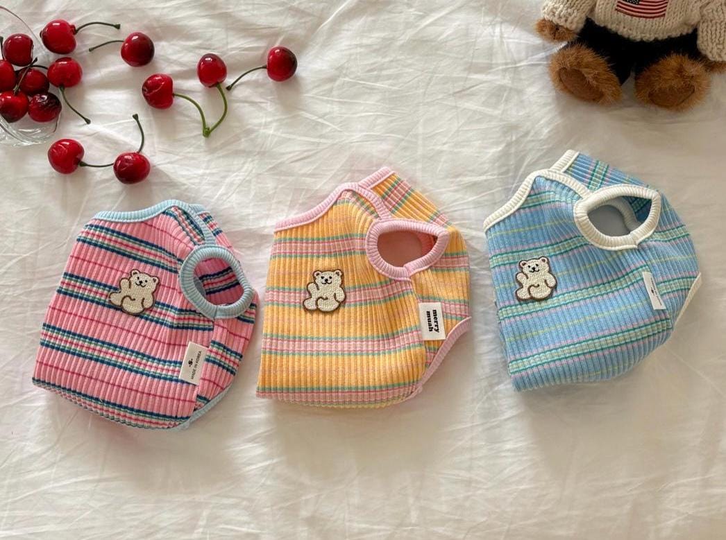 Ribbed Stripe Bear Patch Shirt, S-2XL, Small Dog Clothes, Dog Essential Tee, Dog T-shirts, Dog Top, NKPUP - NKpup