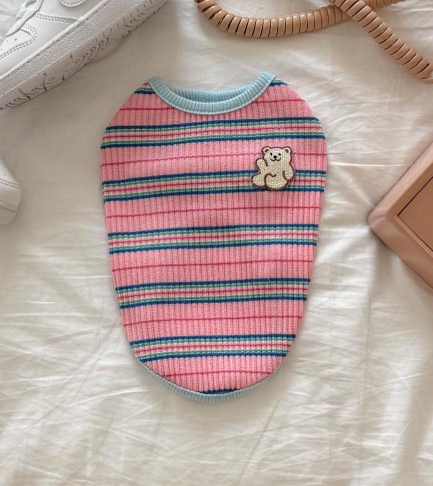 Ribbed Stripe Bear Patch Shirt, S-2XL, Small Dog Clothes, Dog Essential Tee, Dog T-shirts, Dog Top, NKPUP - NKpup