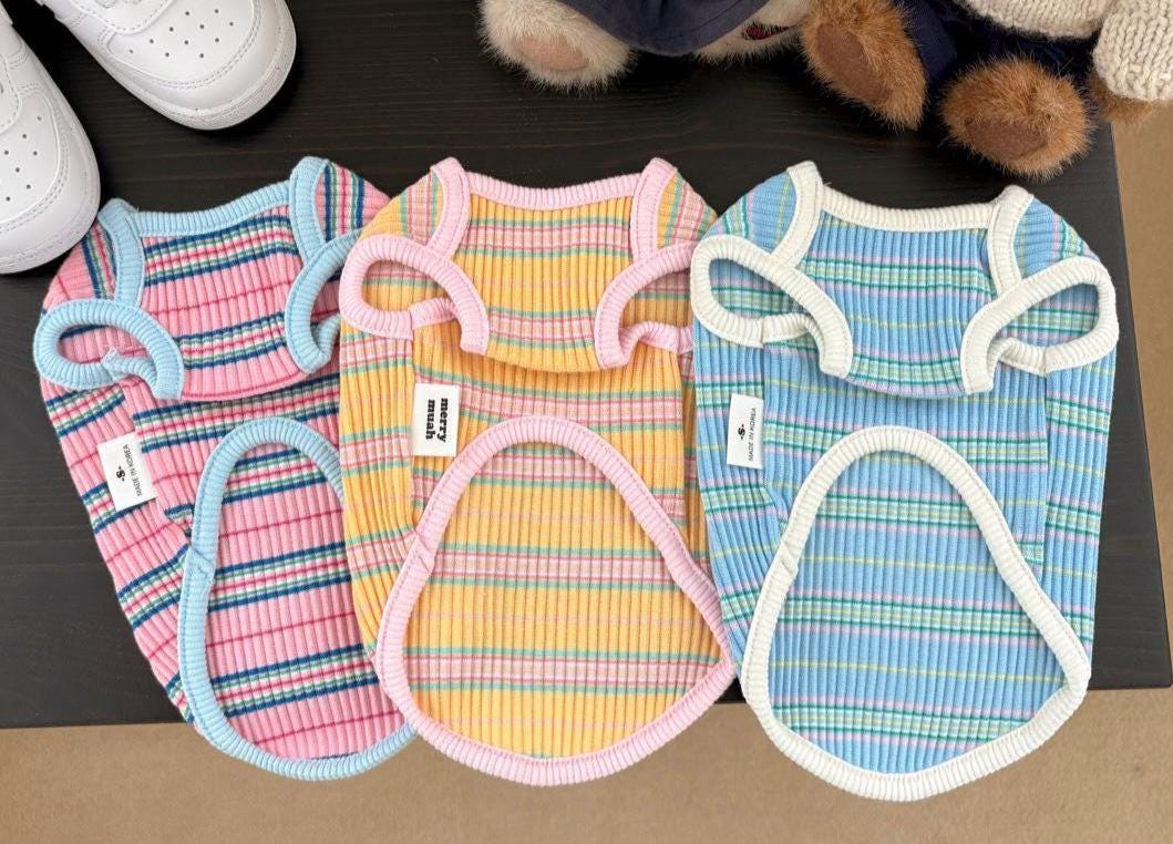 Ribbed Stripe Bear Patch Shirt, S-2XL, Small Dog Clothes, Dog Essential Tee, Dog T-shirts, Dog Top, NKPUP - NKpup