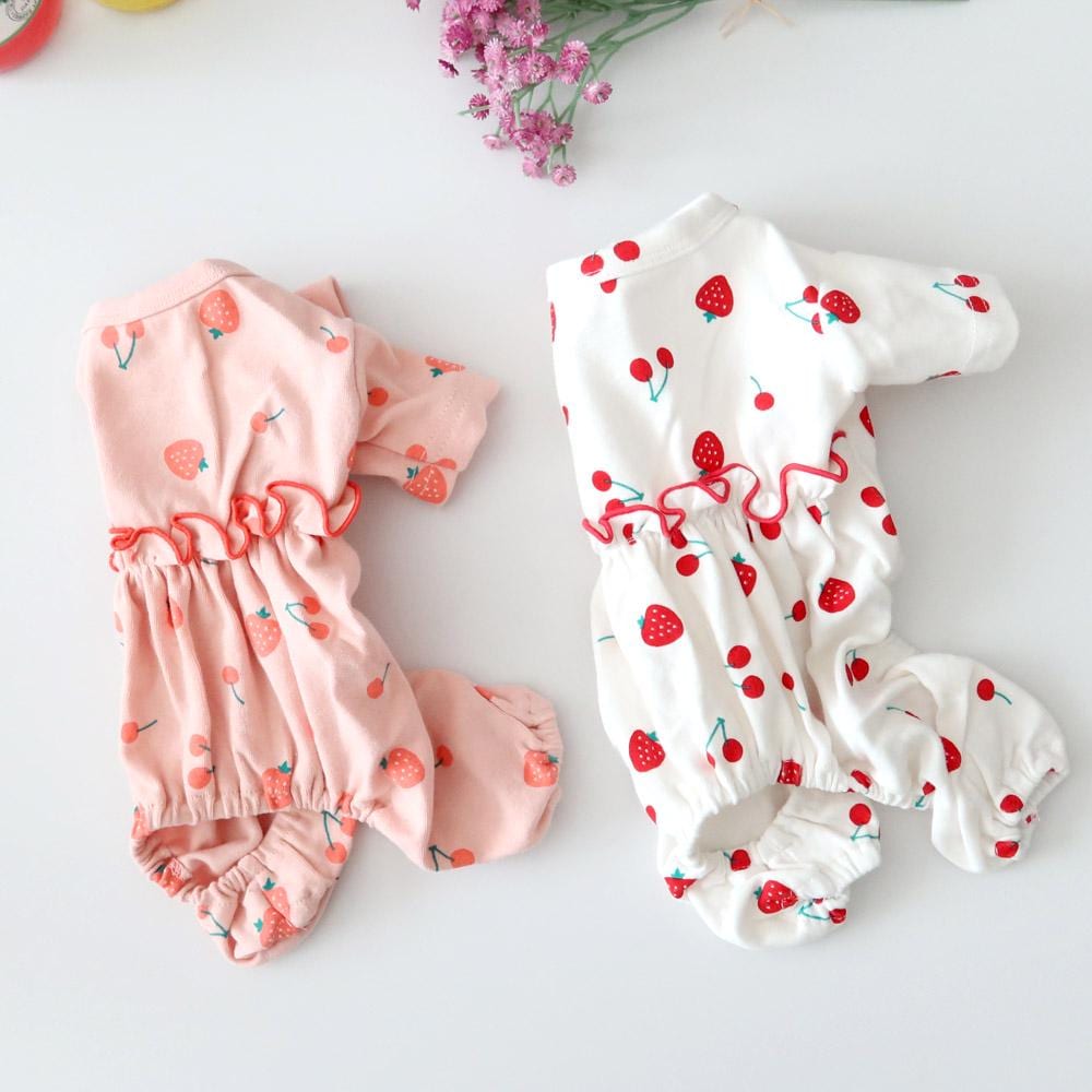 Strawberry Cherry Frill Overall, S-2XL, Dog Romper, Dog Jumpsuit, Dog Pants, Small Dog Clothes, Dog Apparel, NKPUP - NKpup