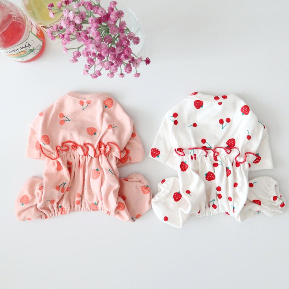 Strawberry Cherry Frill Overall, S-2XL, Dog Romper, Dog Jumpsuit, Dog Pants, Small Dog Clothes, Dog Apparel, NKPUP - NKpup