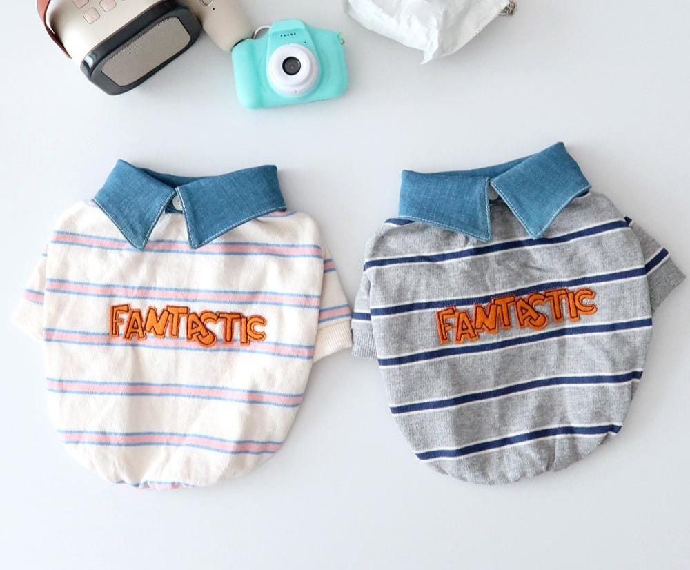 Denim Collar Striped Dog Tee, Embroidered Lettering, Casual Pet Apparel (S-XL) - NKpup