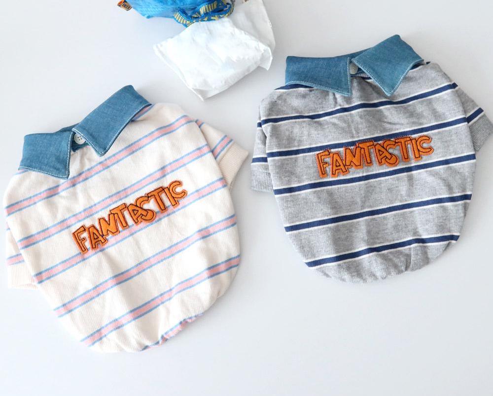 Denim Collar Striped Dog Tee, Embroidered Lettering, Casual Pet Apparel (S-XL) - NKpup