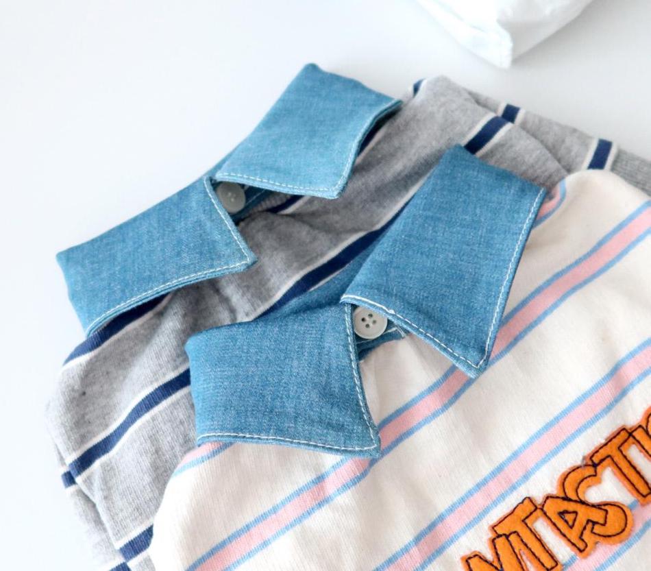 Denim Collar Striped Dog Tee, Embroidered Lettering, Casual Pet Apparel (S-XL) - NKpup