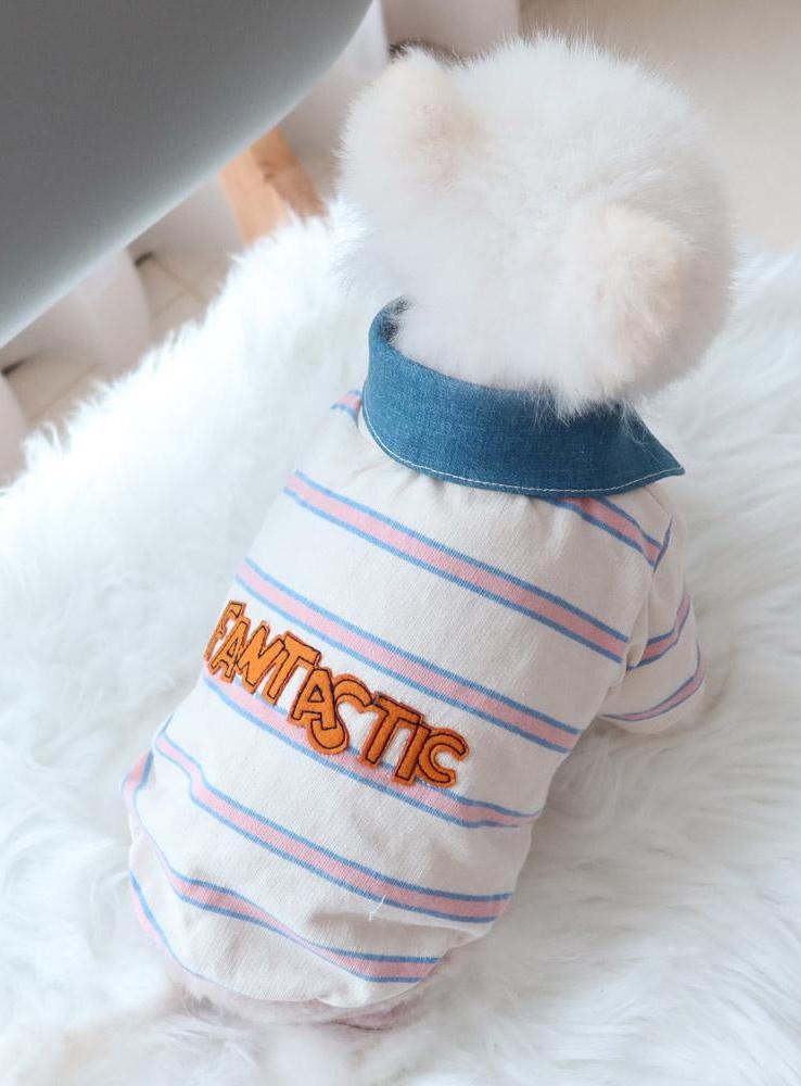 Denim Collar Striped Dog Tee, Embroidered Lettering, Casual Pet Apparel (S-XL) - NKpup