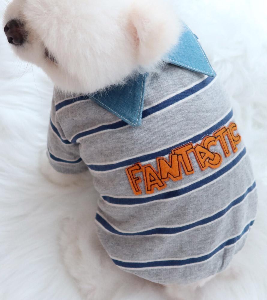 Denim Collar Striped Dog Tee, Embroidered Lettering, Casual Pet Apparel (S-XL) - NKpup