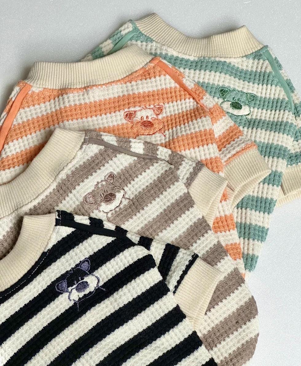 Waffle Stripe Dog Shirt, Embroidered Character, Color Block Style - NKpup