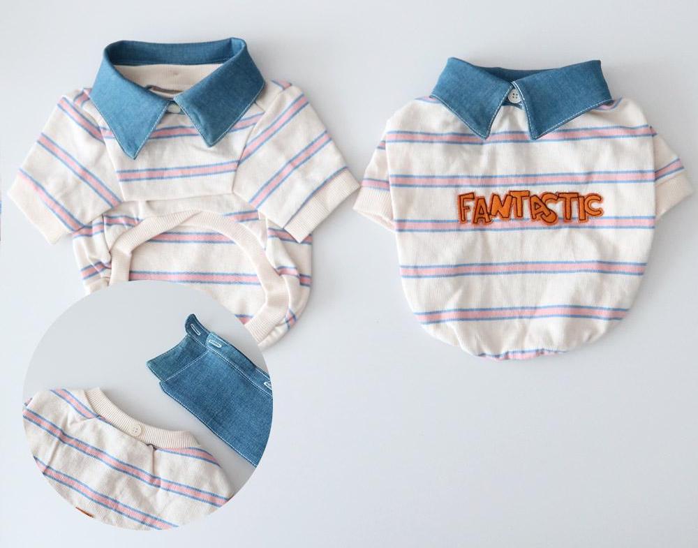 Denim Collar Striped Dog Tee, Embroidered Lettering, Casual Pet Apparel (S-XL) - NKpup