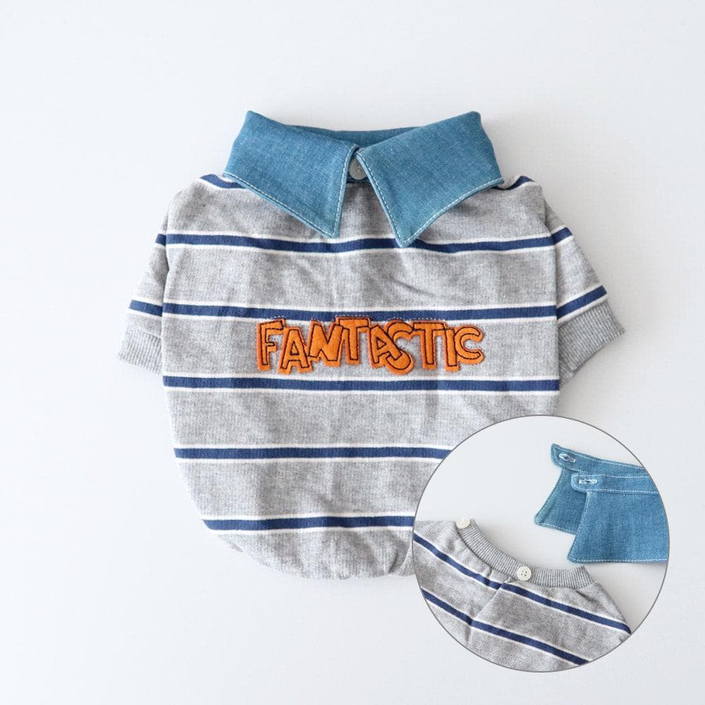 Denim Collar Striped Dog Tee, Embroidered Lettering, Casual Pet Apparel (S-XL) - NKpup