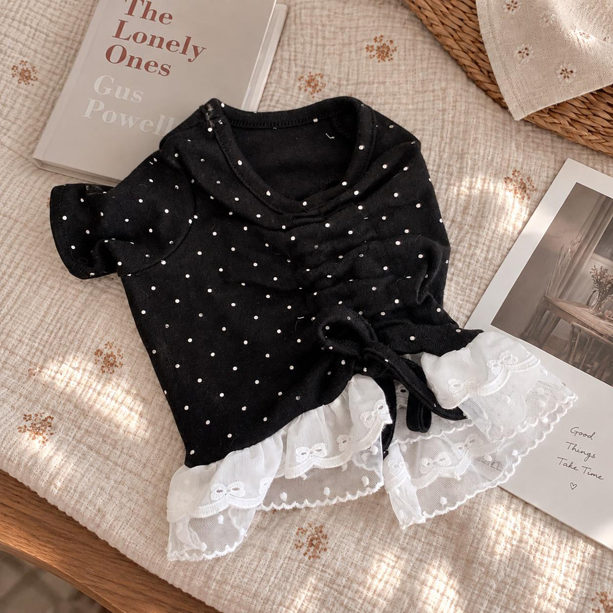 Dot String Lace Dog Dress, Adjustable Ruched Fit, Layered White Lace - NKpup