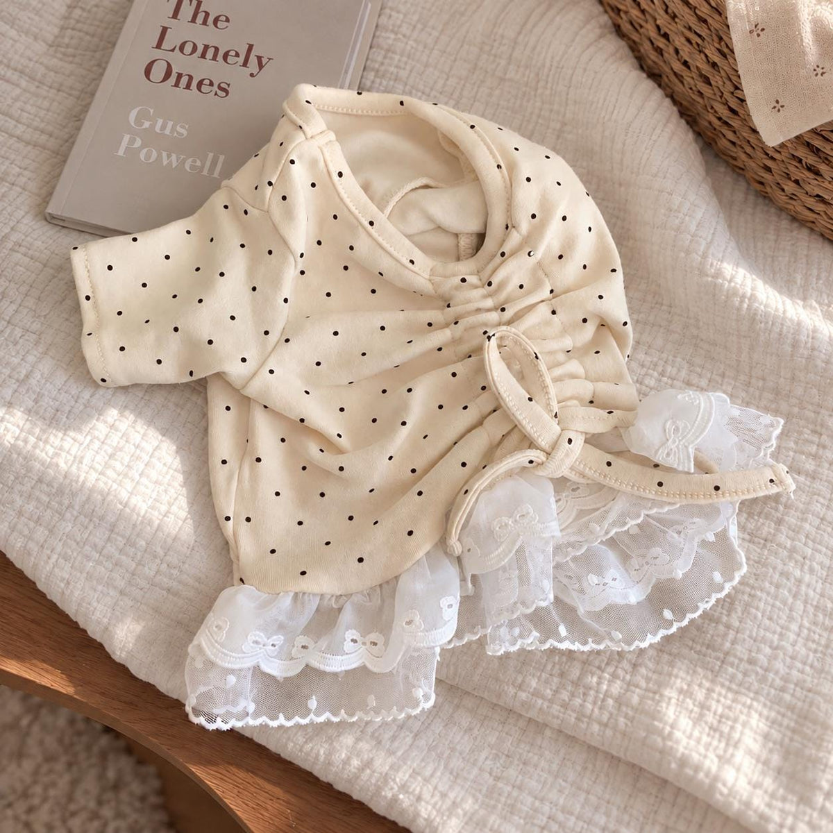 Dot String Lace Dog Dress, Adjustable Ruched Fit, Layered White Lace - NKpup