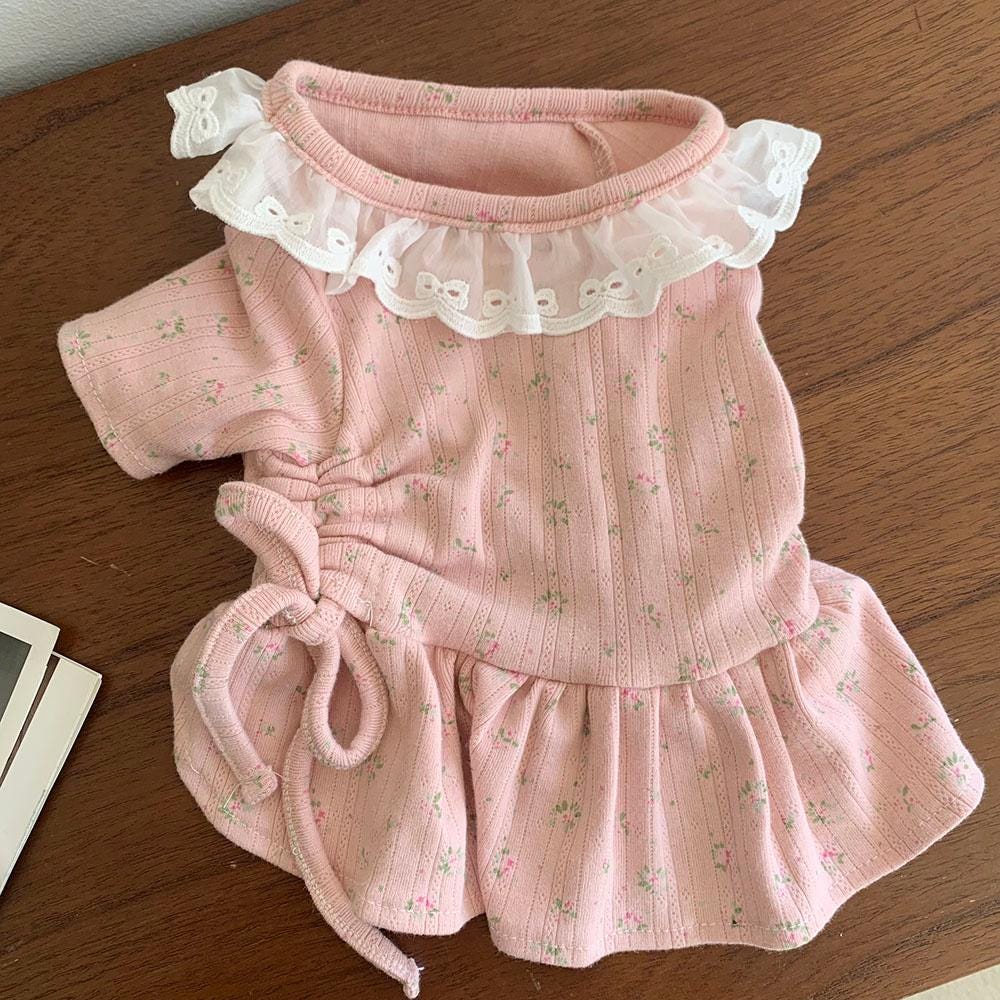 Floral String Lace Dog Dress, Adjustable Ruching, Flared Skirt - NKpup