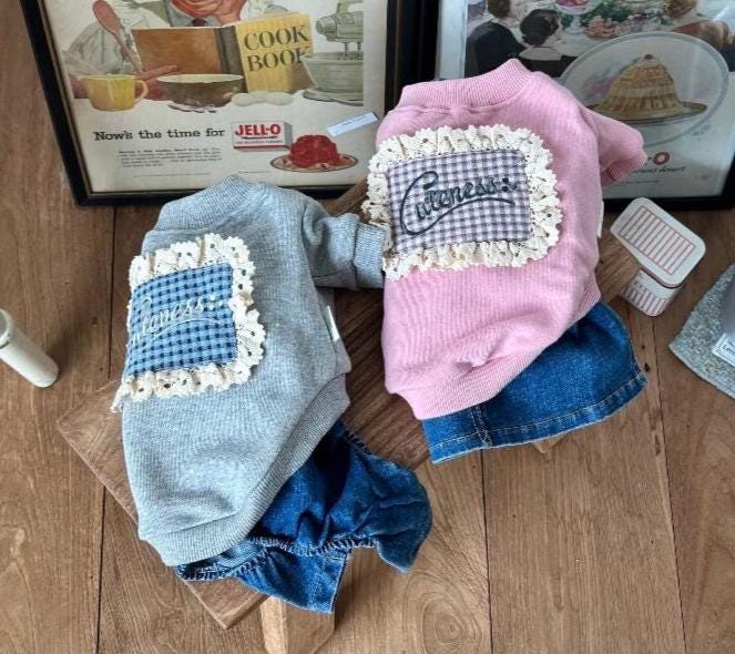Cuteness Dog Sweatshirt, Gingham Panel, Lace Detail - NKpup