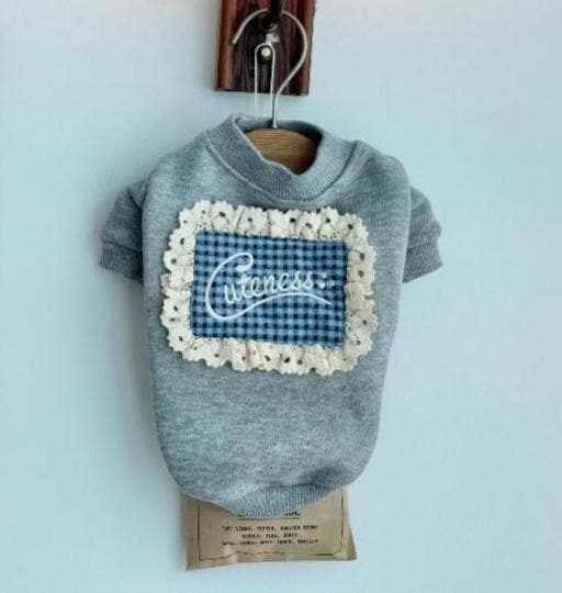 Cuteness Dog Sweatshirt, Gingham Panel, Lace Detail - NKpup
