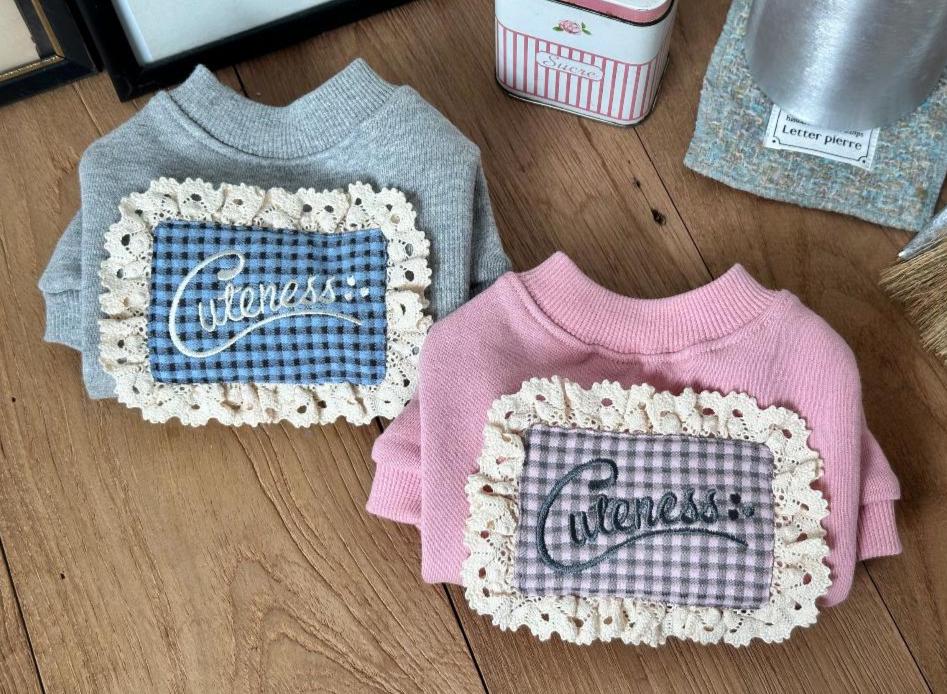 Cuteness Dog Sweatshirt, Gingham Panel, Lace Detail - NKpup