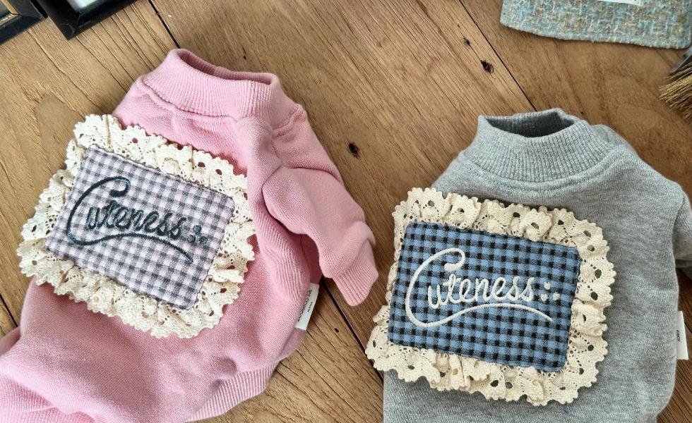 Cuteness Dog Sweatshirt, Gingham Panel, Lace Detail - NKpup