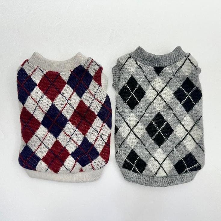 Argyle V-Neck Dog Vest, Double Sided Brushed Fabric, Winter Pattern - NKpup
