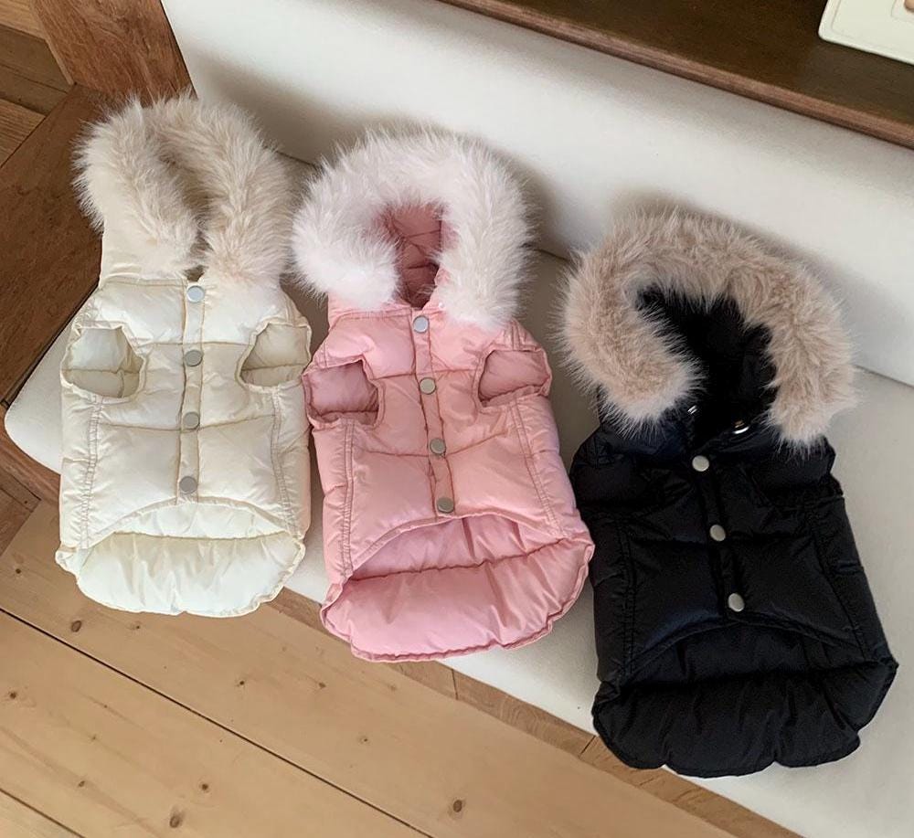 Fur Hood Padded Dog Vest, D-Ring Detail, Fleece Lining - NKpup