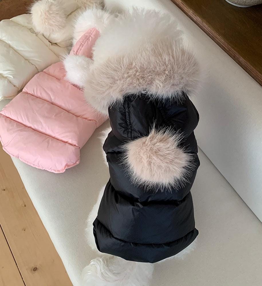 Fur Hood Padded Dog Vest, D-Ring Detail, Fleece Lining - NKpup