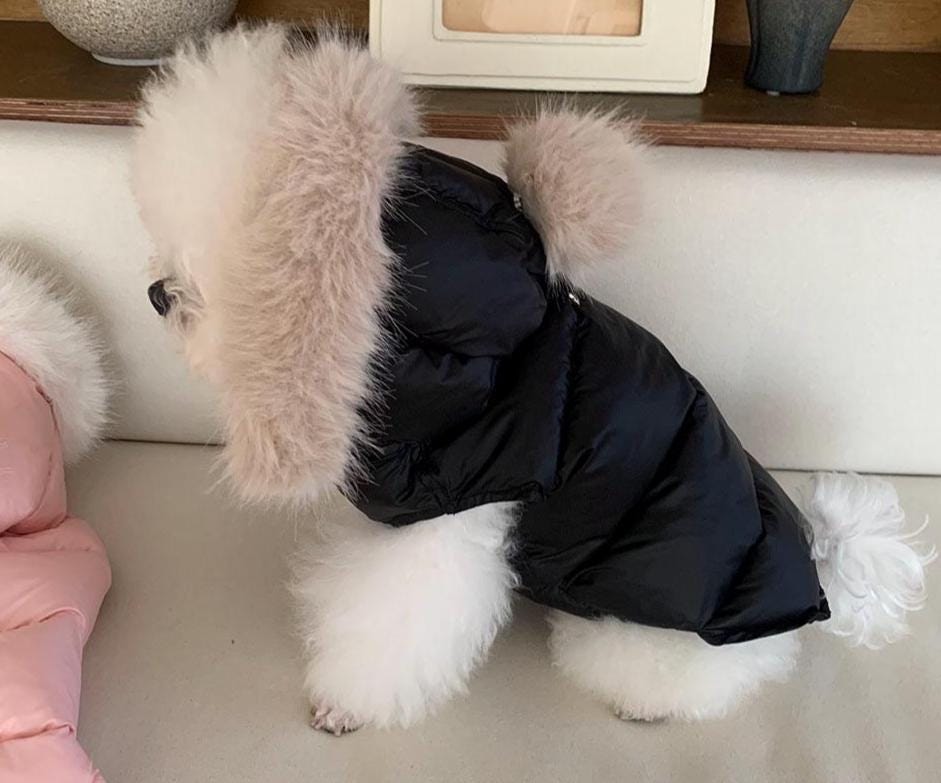 Fur Hood Padded Dog Vest, D-Ring Detail, Fleece Lining - NKpup