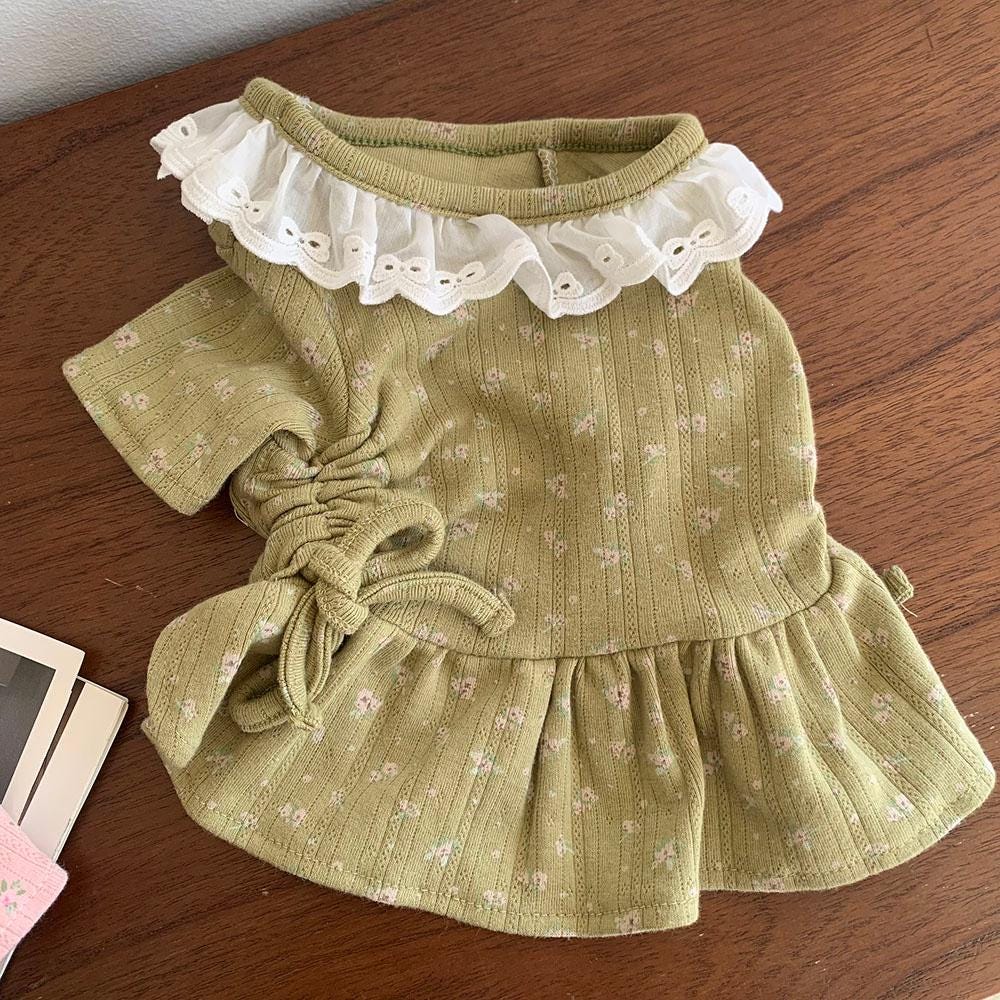 Floral String Lace Dog Dress, Adjustable Ruching, Flared Skirt - NKpup