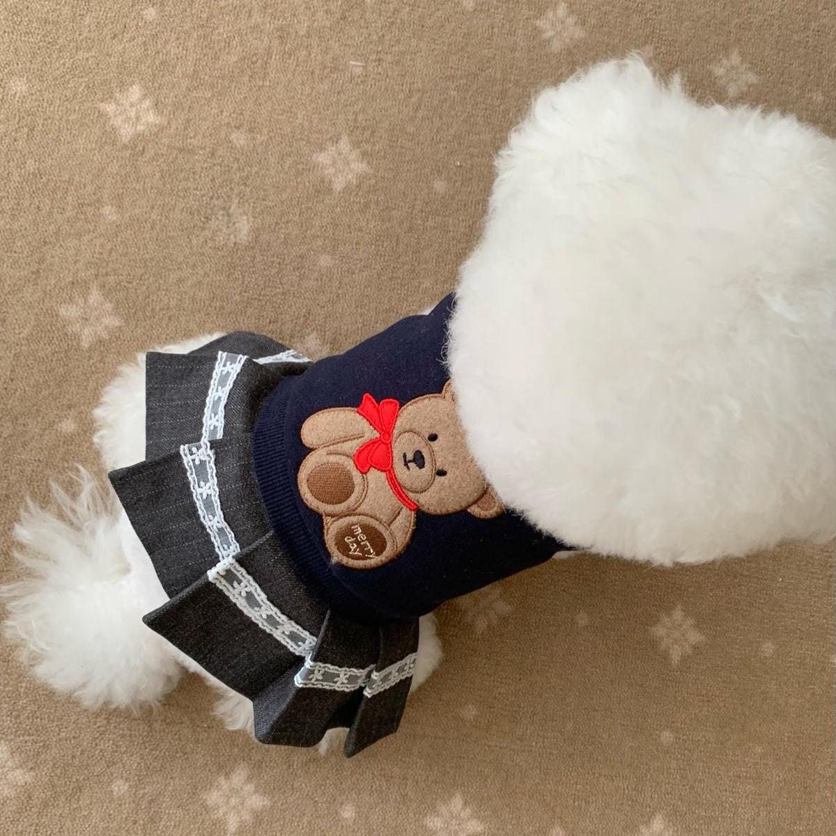 Teddy Bear Dog Dress, Preppy Collar, Pleated Skirt - NKpup