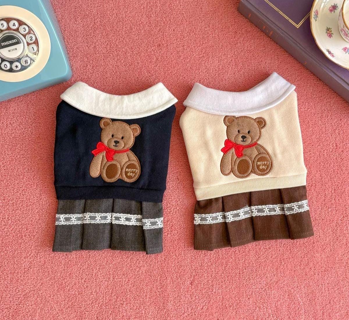 Teddy Bear Dog Dress, Preppy Collar, Pleated Skirt - NKpup
