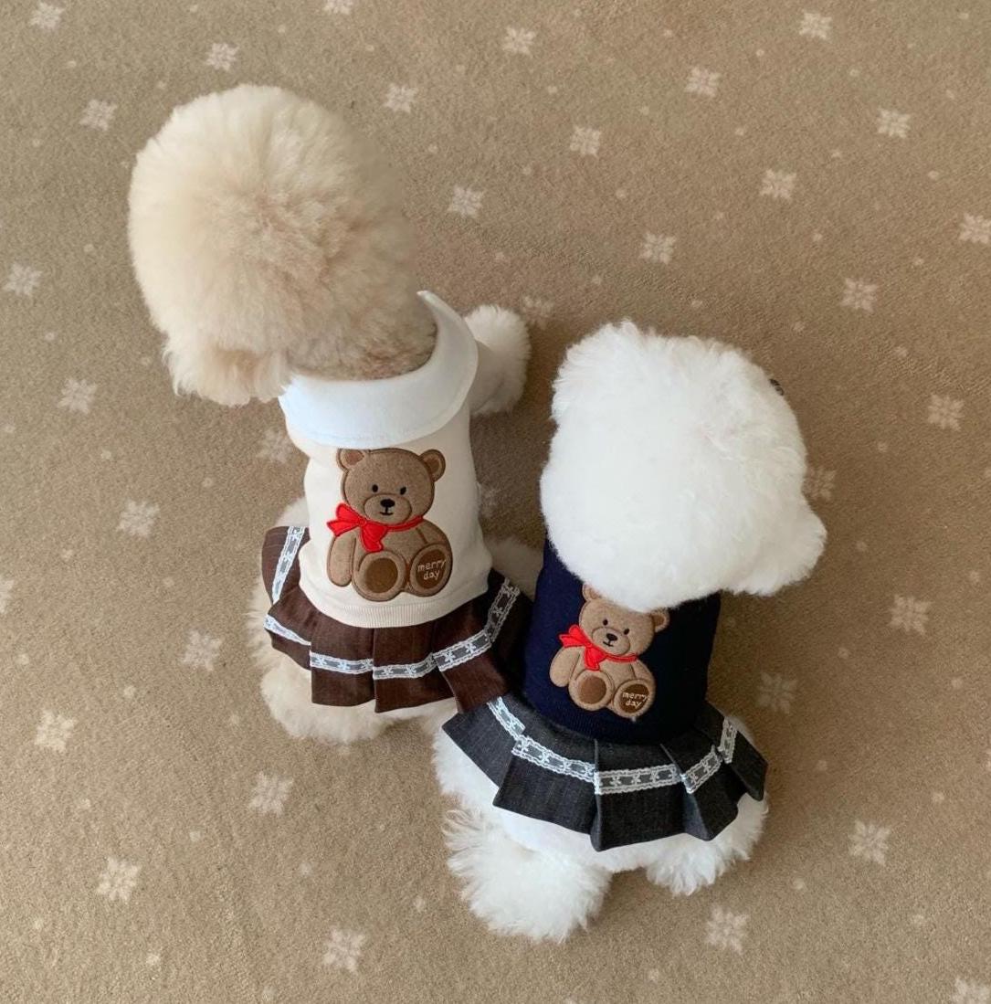Teddy Bear Dog Dress, Preppy Collar, Pleated Skirt - NKpup