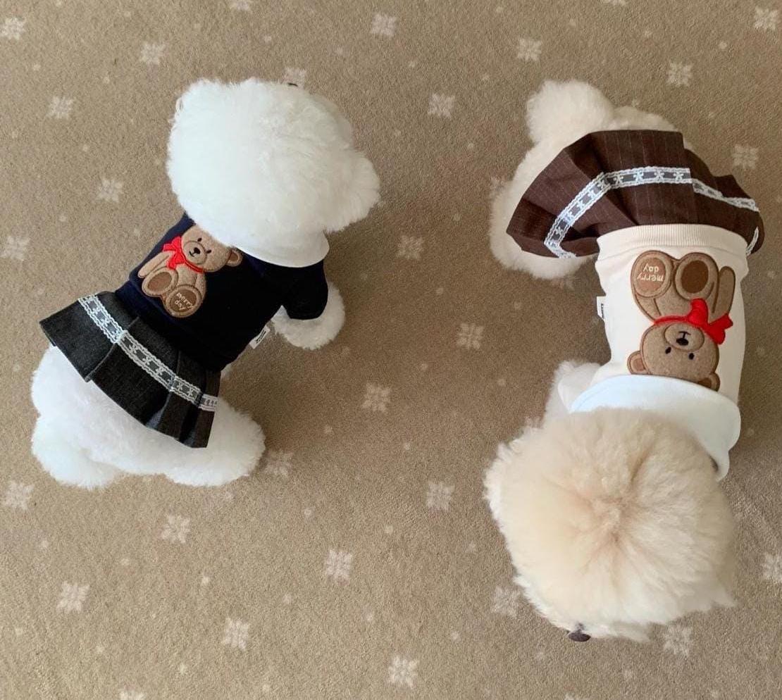 Teddy Bear Dog Dress, Preppy Collar, Pleated Skirt - NKpup