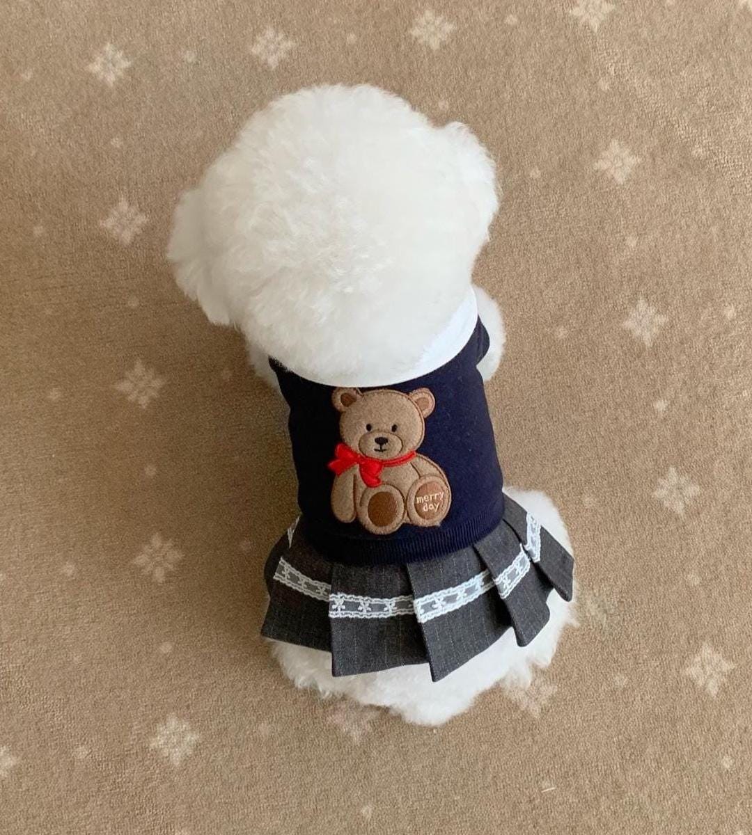 Teddy Bear Dog Dress, Preppy Collar, Pleated Skirt - NKpup