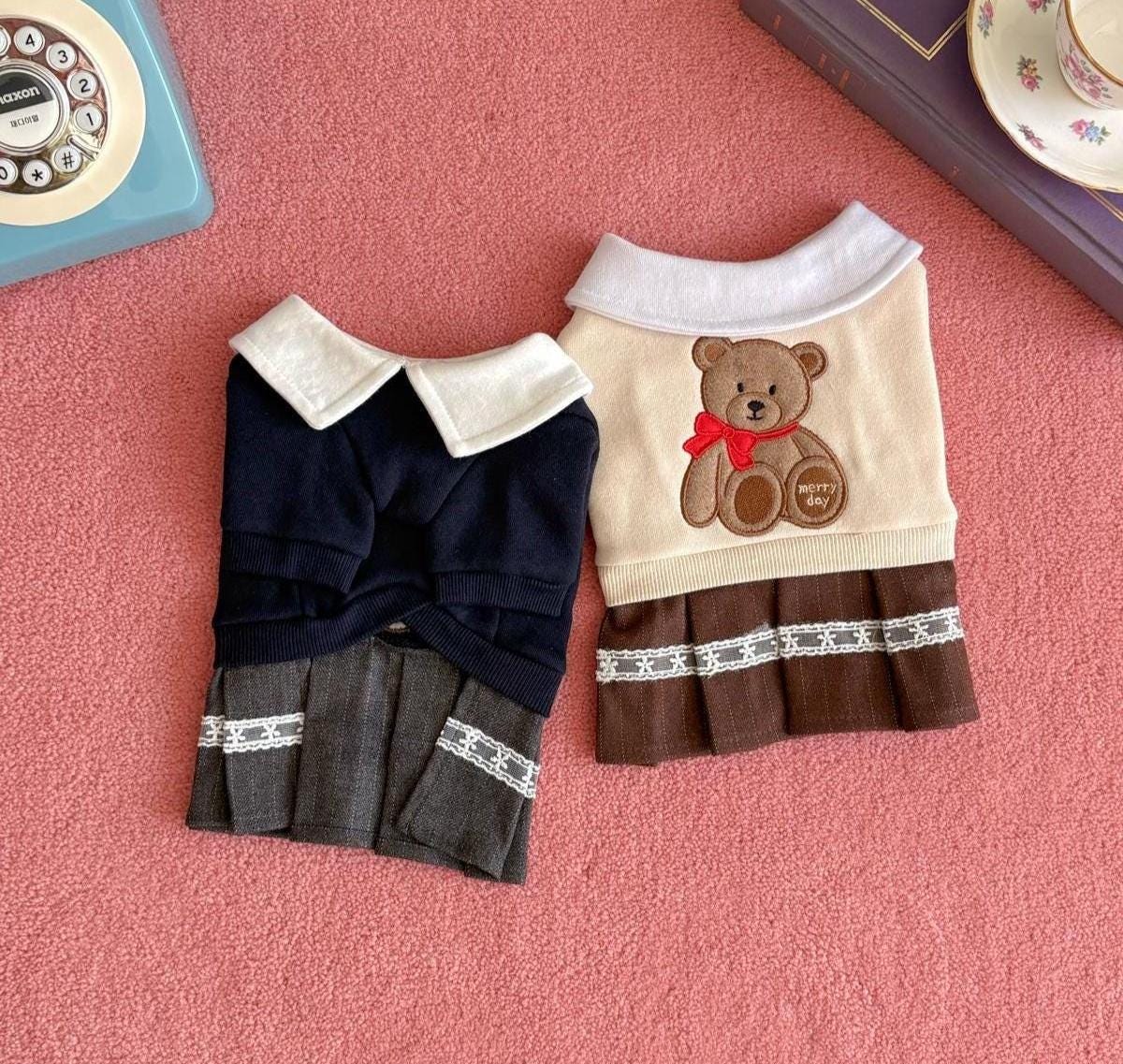 Teddy Bear Dog Dress, Preppy Collar, Pleated Skirt - NKpup