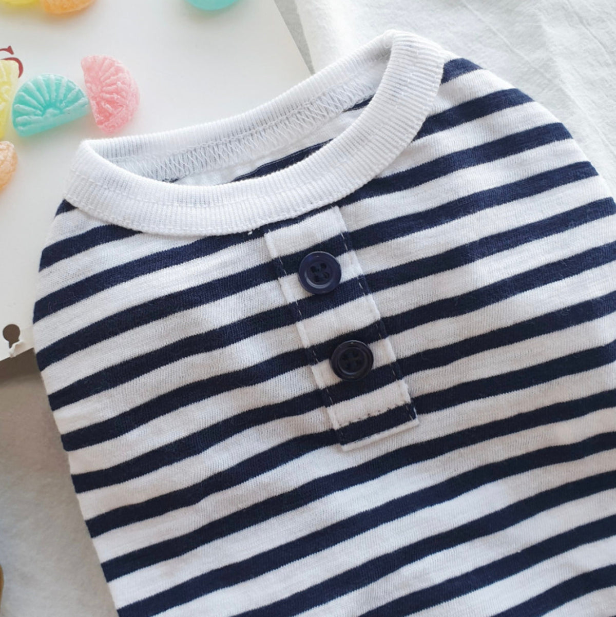 S-3XL, Striped Button Dog T-Shirt