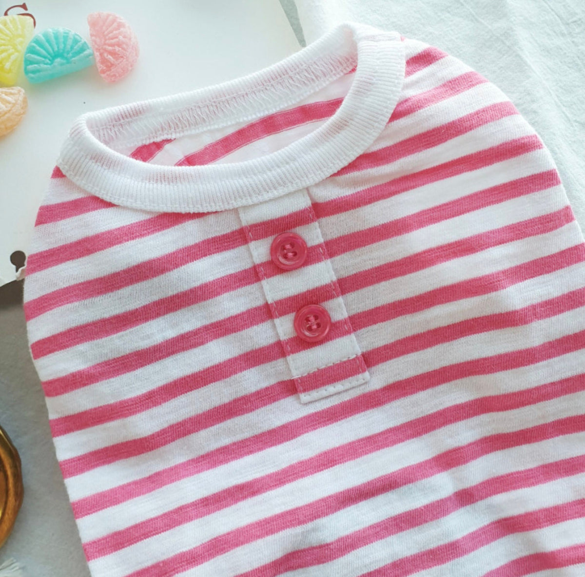 S-3XL, Striped Button Dog T-Shirt