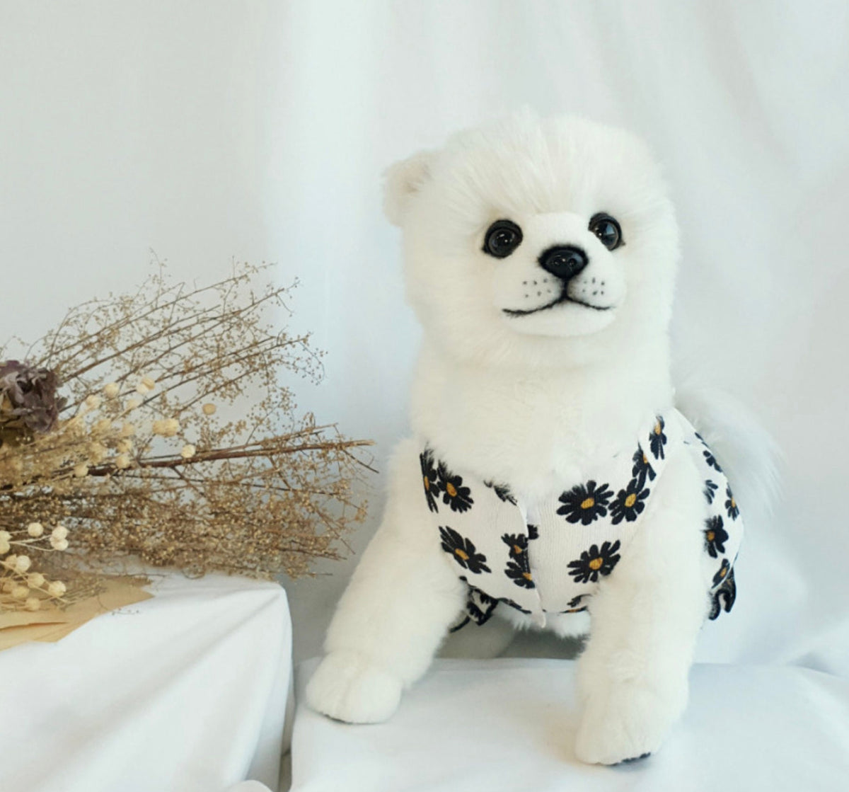 Floral corduroy dog dress with white and black daisy pattern