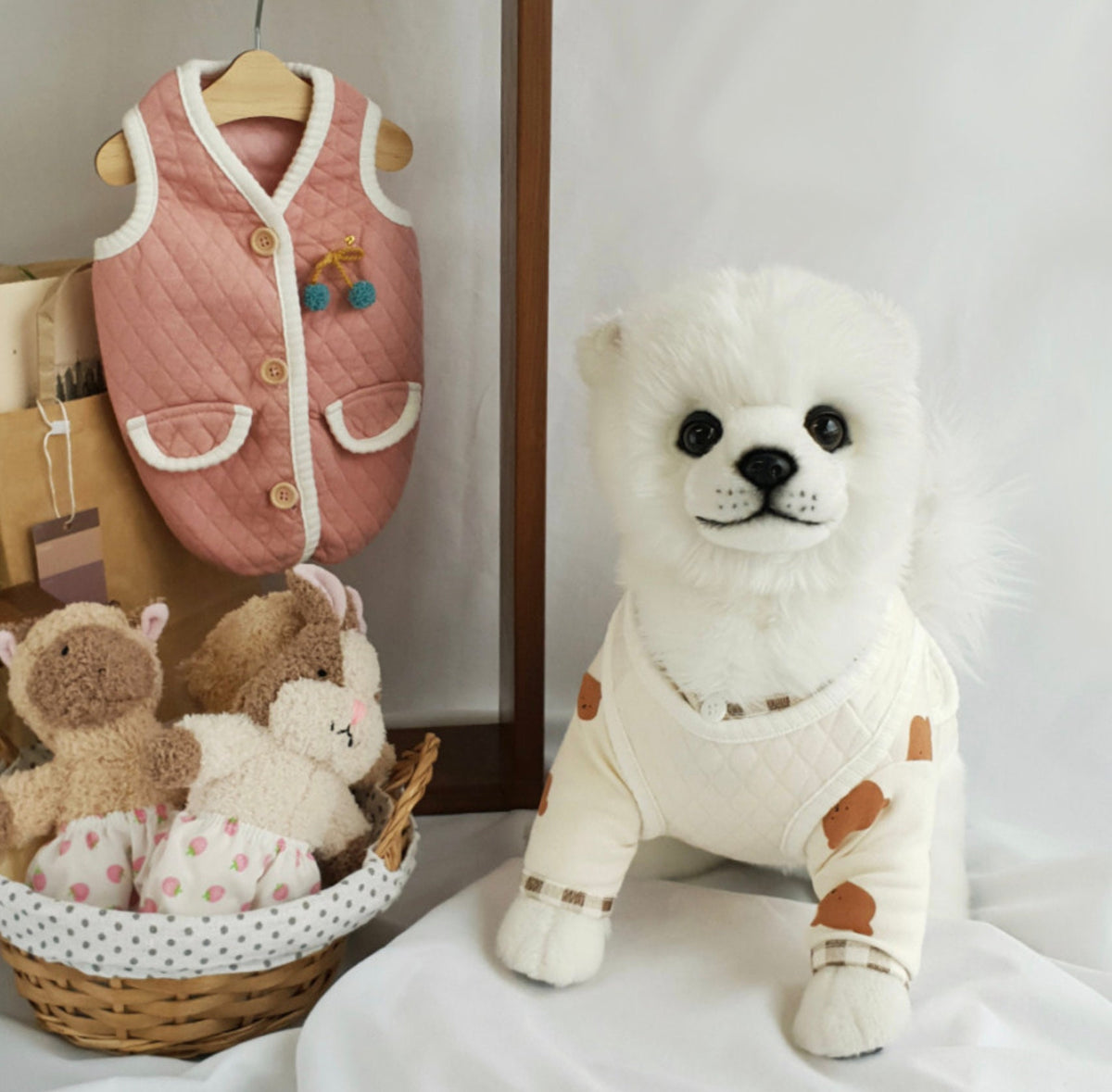 NKpup pink quilted dog vest with cherry norigae ornament and button closures