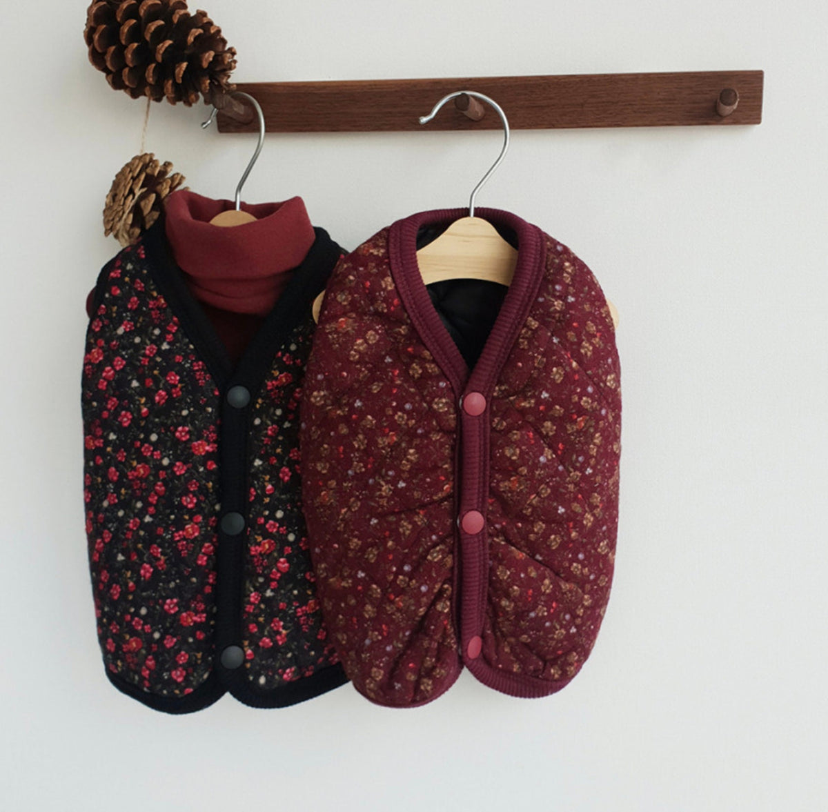 NKpup vintage quilted floral dog vests in black and burgundy red patterns.
