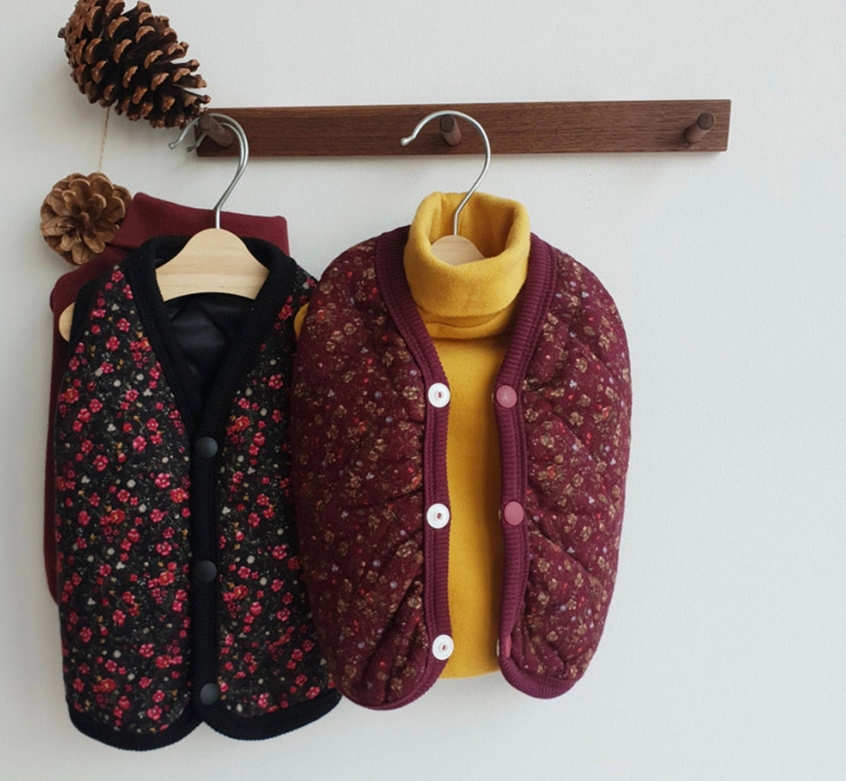 NKpup vintage quilted floral dog vests in black and burgundy patterns