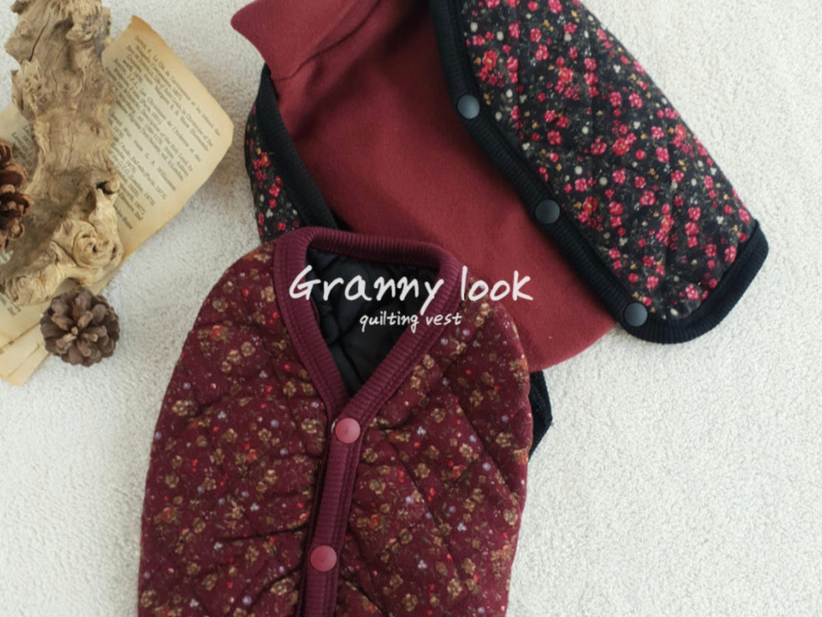 NKpup vintage quilted floral dog vest in burgundy and black patterns.