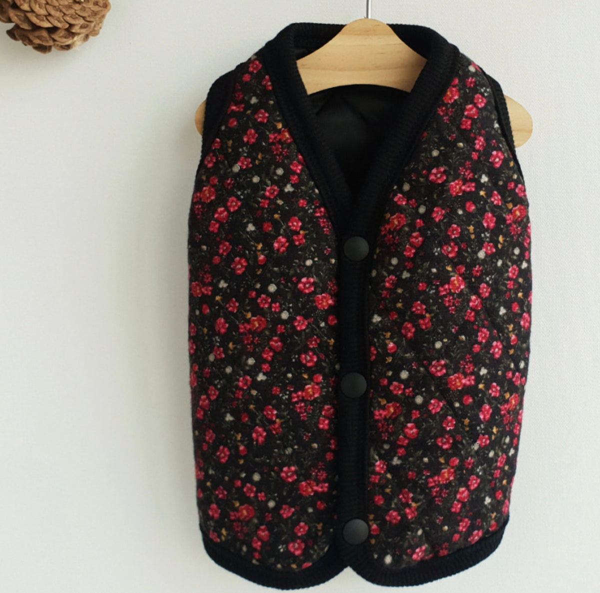 NKpup vintage quilted floral dog vest in black with red and pink flower pattern and button closures