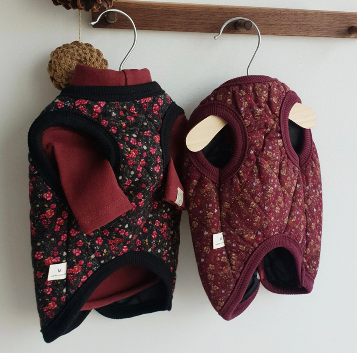 NKpup Vintage Quilted Floral Dog Vests in deep red and black floral patterns