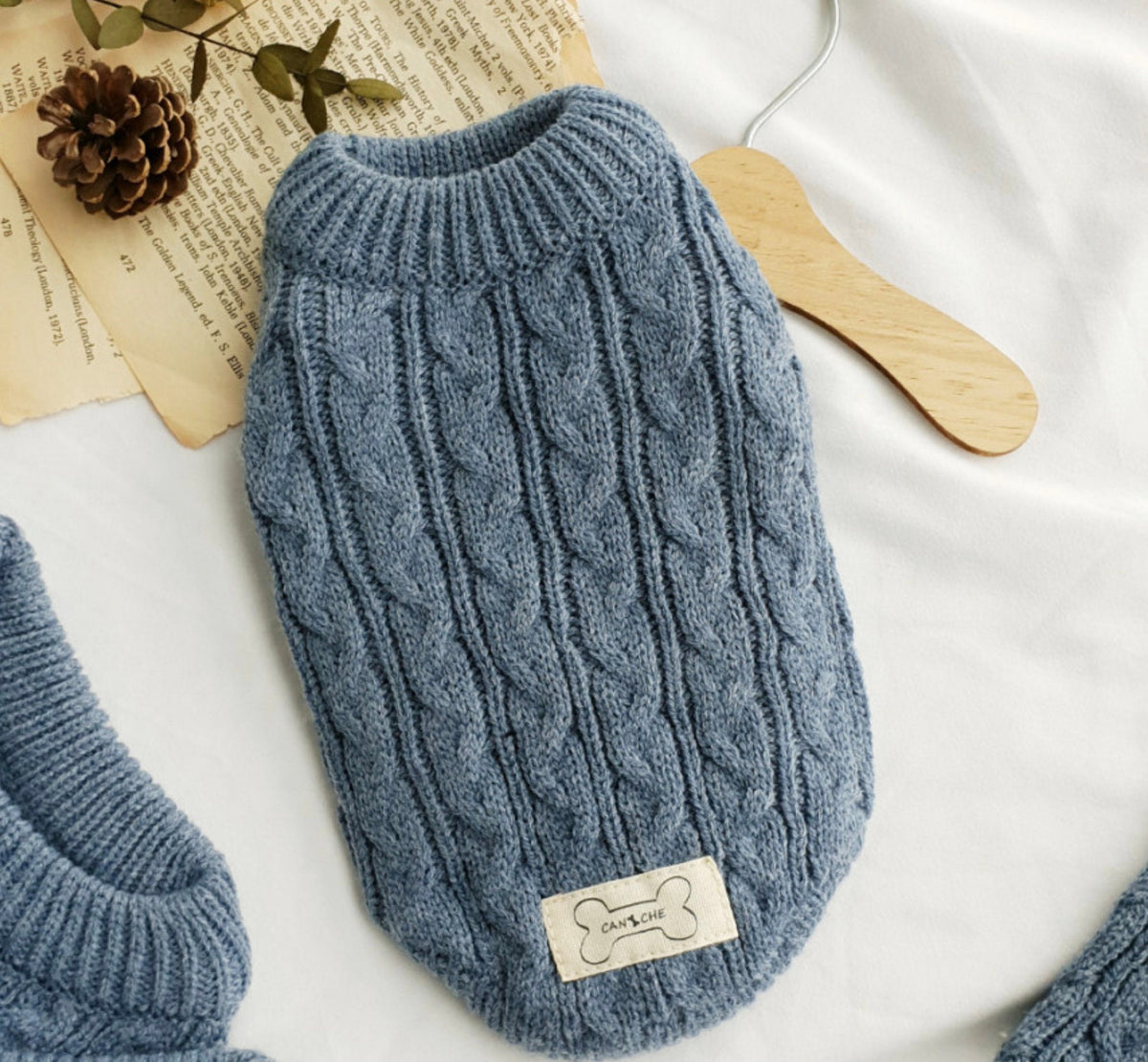 NKpup blue cable knit dog vest with ribbed collar