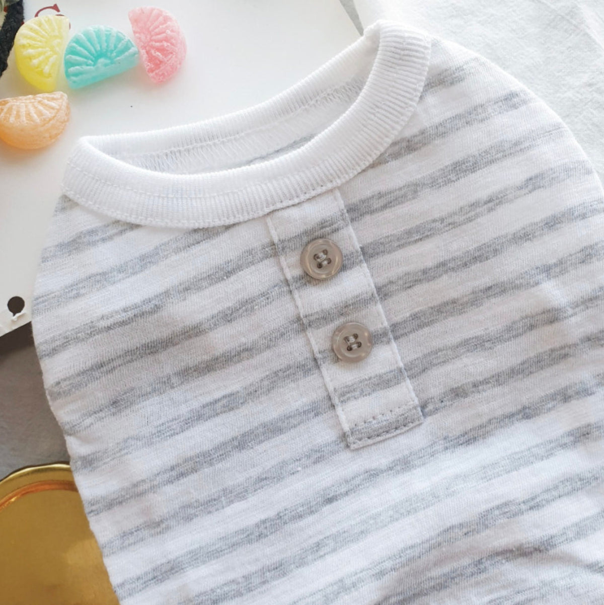 S-3XL, Striped Button Dog T-Shirt
