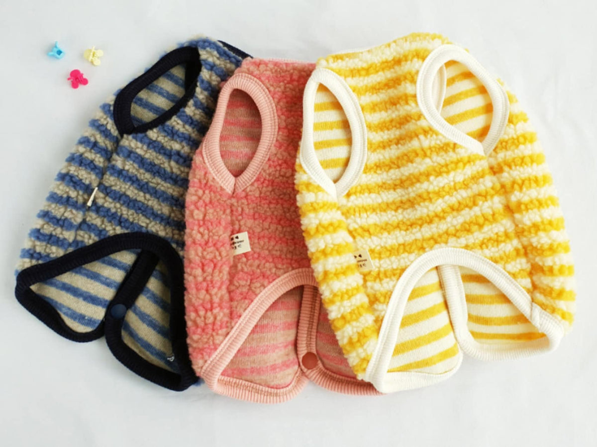 NKpup striped fleece dog vests in blue, pink, and yellow colors.
