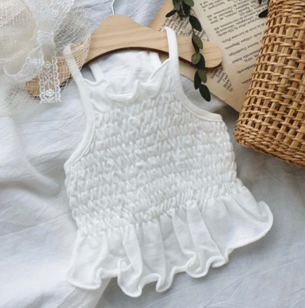 NKpup solid white smocked dog crop top with ruffled hem