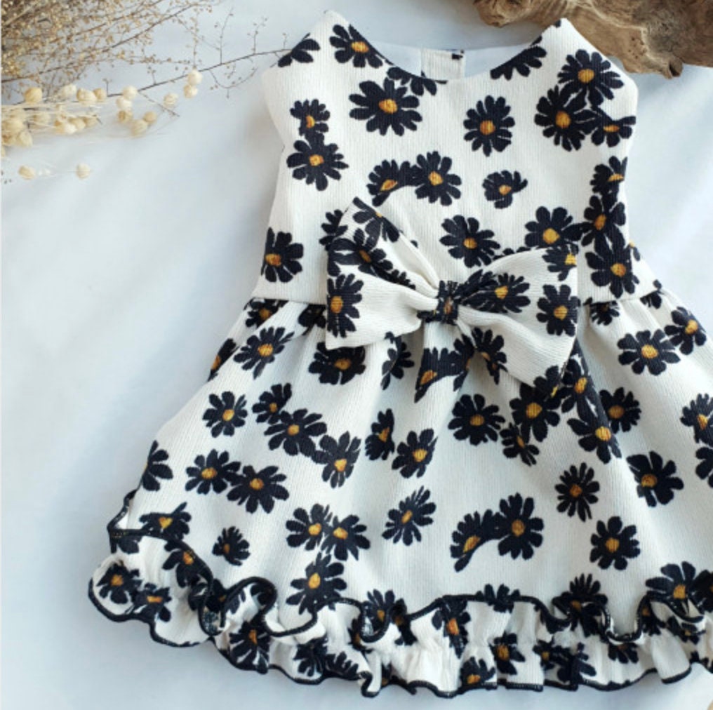 NKpup floral corduroy dog dress with a large bow and ruffled hem