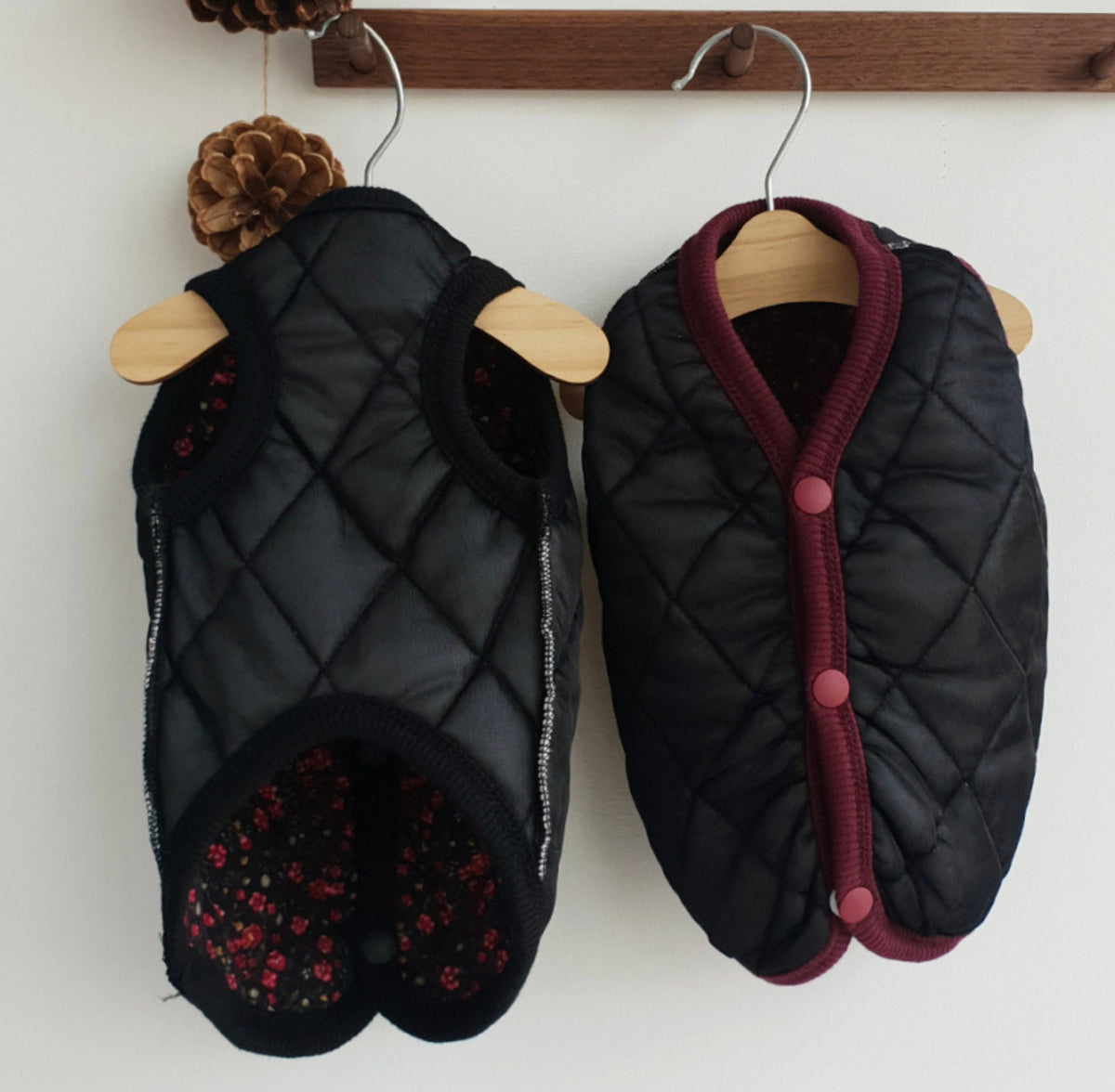 NKpup Vintage Quilted Floral Dog Vest in black with burgundy trim and floral lining