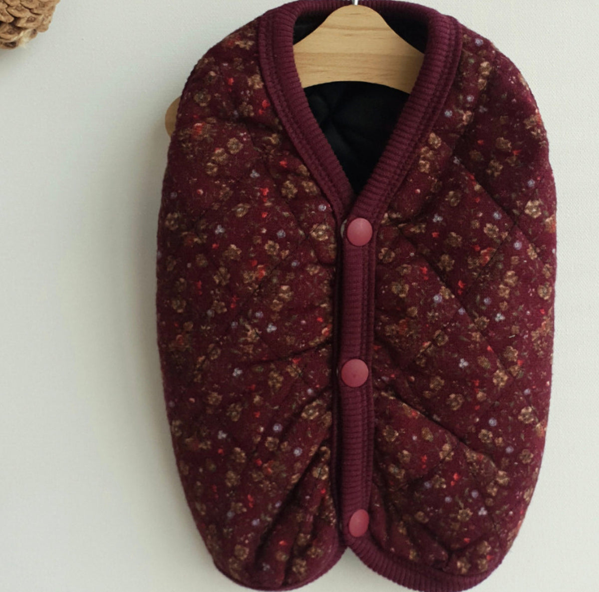 NKpup vintage quilted floral dog vest in burgundy with button closures