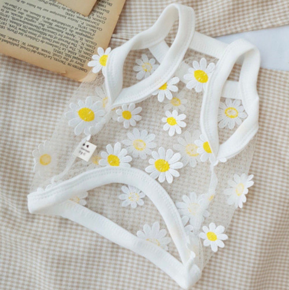 NKpup white daisy chiffon dog crop top with yellow floral patterns